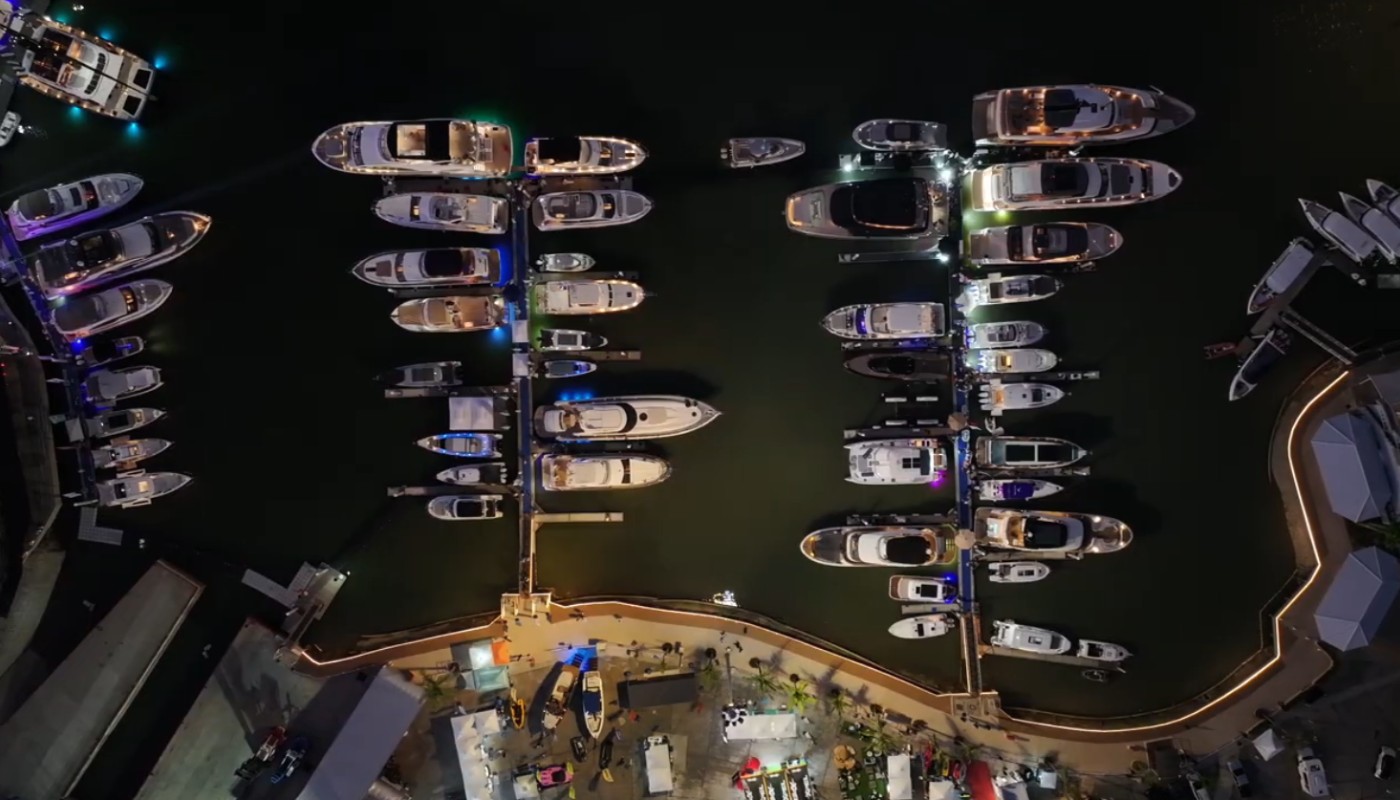 Aerial view of the show docks lit at night, Thailand Boat Festival 2026